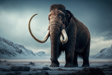 Woolly Mammoth in a cold snow mountain background. Generative AI