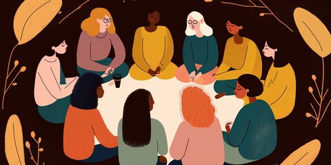 Womens circle or support group sharing their stories skills or talents and offering encouragement, concept of Collaborative Learning and Mutual Aid, created with Generative AI technology - obrazy, fototapety, plakaty
