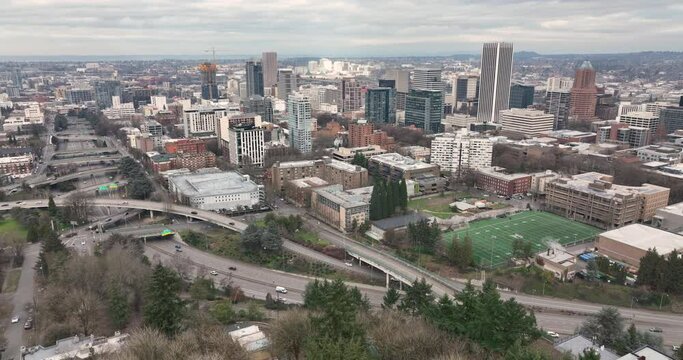 Portland Oregon Downtown City Center Skyline Highway Aerial