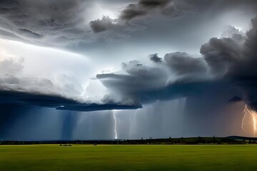 Obraz na płótnie Canvas Thunderstorm with lightning bolt strikes the ground over a rural area. AI generative illustrations