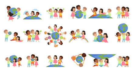 Obraz na płótnie Canvas Happy multiracial kids standing together on Earth planet holding hands. Unity of children from around the world. Earth day cartoon vector illustration