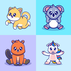 Different types of vector cartoon animals for stickers. Vector illustration of funny cartoons of different animals breeds in trendy flat style.