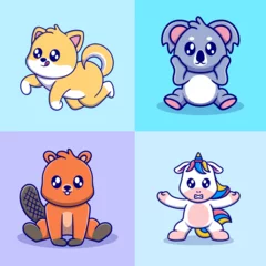 Fotobehang Different types of vector cartoon animals for stickers. Vector illustration of funny cartoons of different animals breeds in trendy flat style. © Nocte_studio