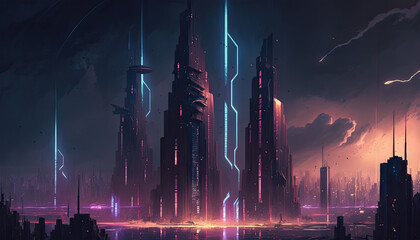 A futuristic cityscape with towering skyscrapers, flying cars, and neon lights, set against a moody, dark sky, futuristic, cityscape, skyscrapers, flying cars, neon lights, moody, dark sky, future, 