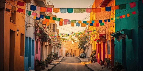 Fototapeta na wymiar Brightly decorated streets and buildings with colorful banners adorning neighborhood in honor of Holi, concept of Vibrant Festivities and Cultural Celebration, created with Generative AI technology
