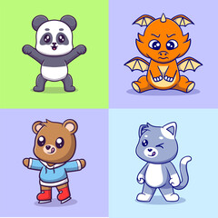 Different types of vector cartoon animals for stickers. Vector illustration of funny cartoons of different animals breeds in trendy flat style.