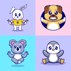 Different types of vector cartoon animals for stickers. Vector illustration of funny cartoons of different animals breeds in trendy flat style.