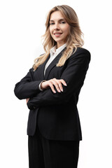 Young business woman or office worker wearing a black suit. Smiling business woman, isolated on white background.
