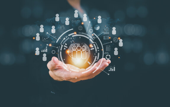  Customer Relationships management (CRM) global network technology concept Manage communications, relationships, exchange for digital, marketing customers via communication network online digital