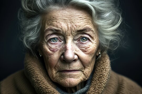 Senior woman portrait looking at the camera worried and sad. Dark background. Generative AI