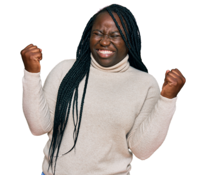 Young black woman with braids wearing casual winter sweater very happy and excited doing winner gesture with arms raised, smiling and screaming for success. celebration concept. - Powered by Adobe