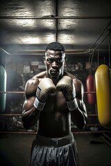 Fototapeta na wymiar African American professional boxer training in the gym. Generative AI vertical illustration