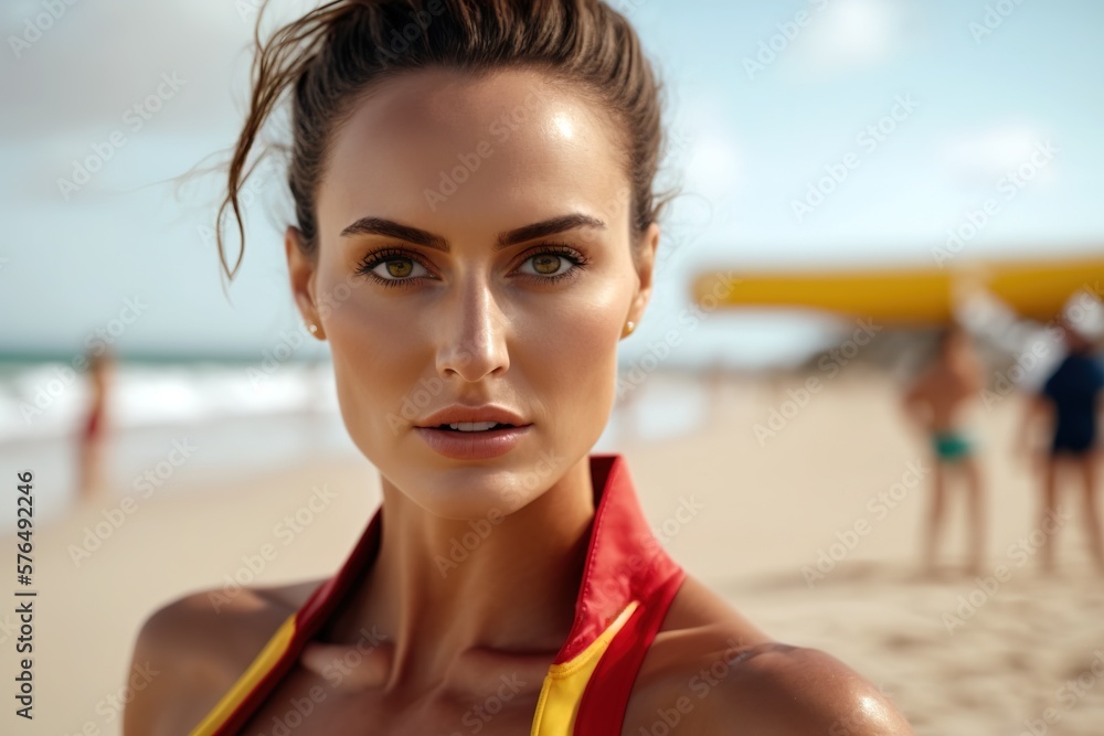 Poster headshot of attractive lifeguard woman at the beach. generative ai