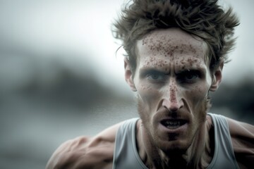 Fototapeta premium Portrait of man tired after running marathon. Copy space for advertisement. Generative AI