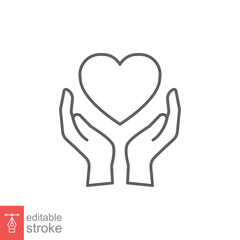 Hand heart line icon. Simple outline style. Wellbeing, health care, support, life, save, love, give, charity concept. Vector illustration isolated on white background. Editable stroke EPS 10.