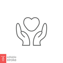Hand heart line icon. Simple outline style. Wellbeing, health care, support, life, save, love, give, charity concept. Vector illustration isolated on white background. Editable stroke EPS 10.