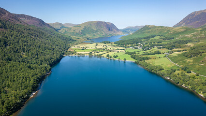 Aerial view of a beautiful lake and rural valley at Buttermere in the English Lake District