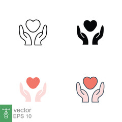 Hand heart icon in different style. Line, solid, flat, filled outline style. Holding, pictogram, care, graphic, life, health, save, love, give, charity concept. Vector illustration isolated. EPS 10.