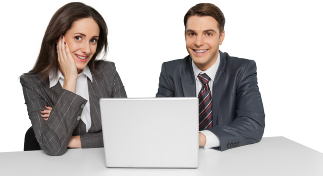 Friendly Coworkers Working at Desk with Laptop - Isolated