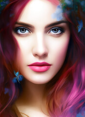 Fototapeta premium Portrait of a beautiful woman, Digital painting of a beautiful girl, Digital illustration of a female face. Generative AI