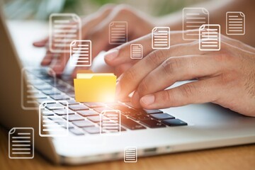 Document System concept. Person works on computer