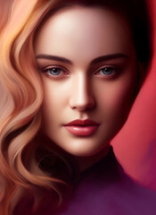 Fototapeta premium Portrait of a beautiful woman, Digital painting of a beautiful girl, Digital illustration of a female face. Generative AI