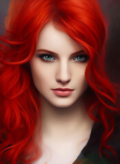 Fototapeta premium Portrait of a beautiful woman, Digital painting of a beautiful girl, Digital illustration of a female face, red hair, Generative AI