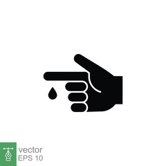 Blood on finger glyph icon. Vector people hand injured isolated symbol. Glucose, insulin test, diabetes concept. Simple solid style. Sign illustration on white background. EPS 10.