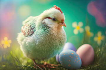 Easter chicken with colored eggs