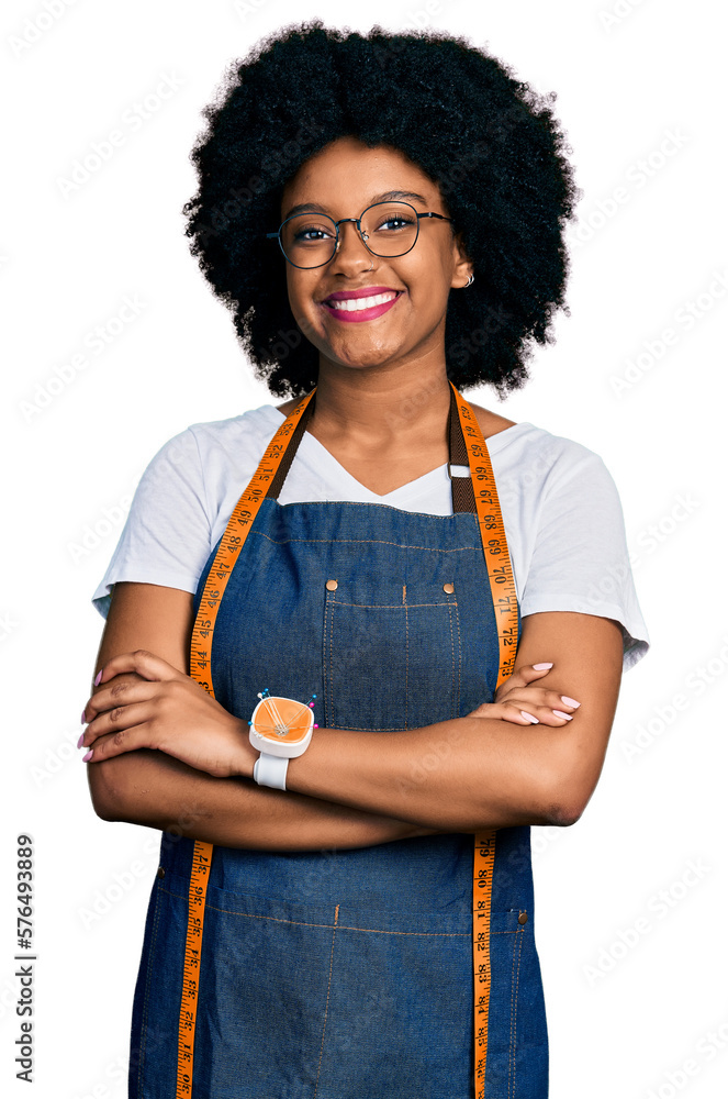 Sticker Young african american woman dressmaker designer wearing atelier apron smiling with a happy and cool smile on face. showing teeth.