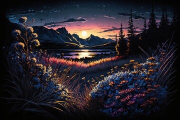 Illustration of colorful flower meadow in night. landscape painting. Generative AI