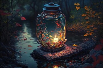 Illustration of a beautiful floating candle lantern lamp on the water at night, It is also known as a river lamp or lake lamp , lantern floating, Memorial Day. Generative AI