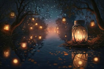 Illustration of a beautiful floating candle lantern lamp on the water at night, It is also known as a river lamp or lake lamp , lantern floating, Memorial Day. Generative AI