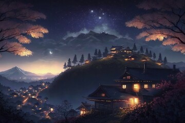 Illustration of The high angle background of the japanese light city at Night in top of hills, Concept for aerial view of night life , colorful background bright and lights, Generative AI