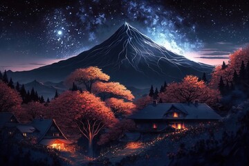 Illustration of The high angle background of the japanese light city at Night in top of hills, Concept for aerial view of night life , colorful background bright and lights, Generative AI