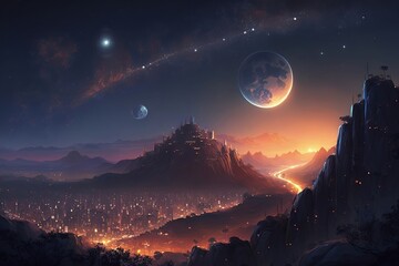 Illustration of The high angle background of the dense light city at Night in top of hills, Concept for aerial view of night life , colorful background bright and lights, Generative AI