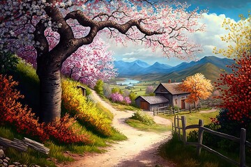 Beautiful illustration of spring on a hill, with a cozy house on the mountainside, Concept for spring background. Generative AI