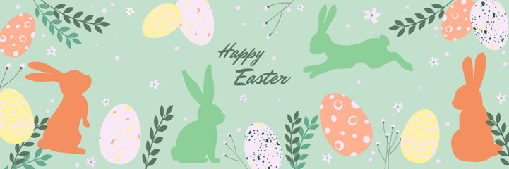Holiday Easter background with bunnies, eggs, flowers and greenery. Trendy vector flat illustration. Unique design for horizontal poster, greeting card, header for website, home decor.