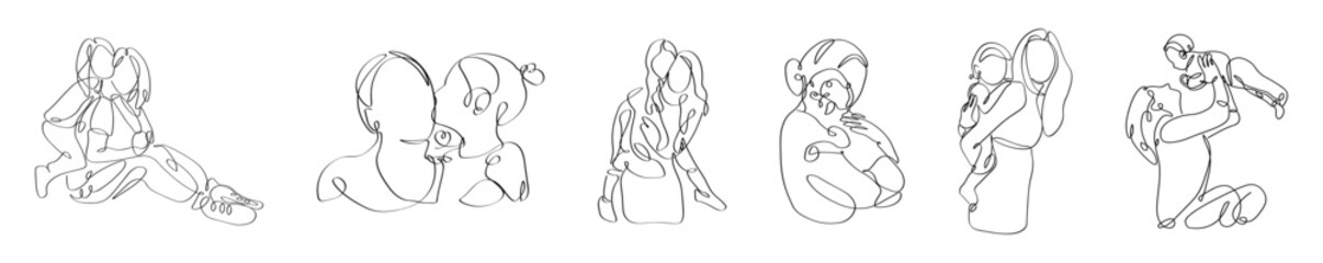 Set of drawings of happy mothers and children on white background