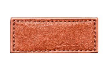 Brown leather belt strap closeup isolated on white. Brown stitched leather seam frame label tag...