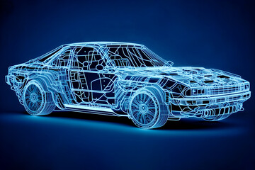 Naklejka premium Futuristic AR car technology concept with wireframe intersection, generative ai, Wireframe of modern car with hi tech user interface in augumented reality or AR, Augmented reality wireframe of car 