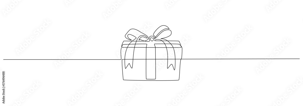 Aufkleber one continuous line drawing of christmas present box with ribbon and bow. festive gift and wrapped b