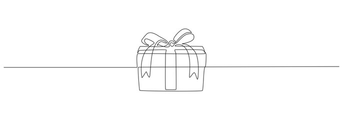 One Continuous line drawing of Christmas Present box with ribbon and bow. Festive gift and Wrapped birthday surprise package in simple linear style. Creative border and Doodle vector illustration