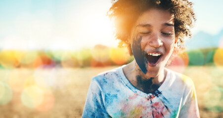 Paint, farm and mockup with an excited black boy outdoor on a blurred background of lens flare....
