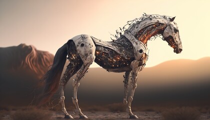 Obraz na płótnie Canvas futuristic cyborg horses alien skeleton created with generative ai technology