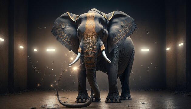 futuristic elephant illustration with glowing golden particles created with generative ai technology