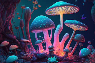 Fototapeta na wymiar Mushrooms neon Colors Psychic Waves 3
