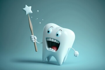 Smiling white tooth with a magic wand. Tooth fairy concept. Generative AI