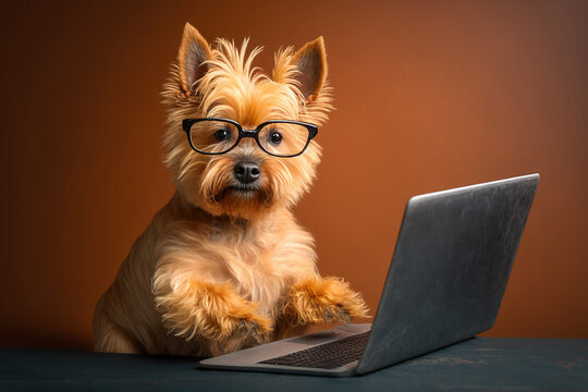 smart norwich terrier with laptop, created with Generative AI technology
