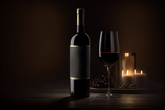Red wine bottle with free label and red wine glass